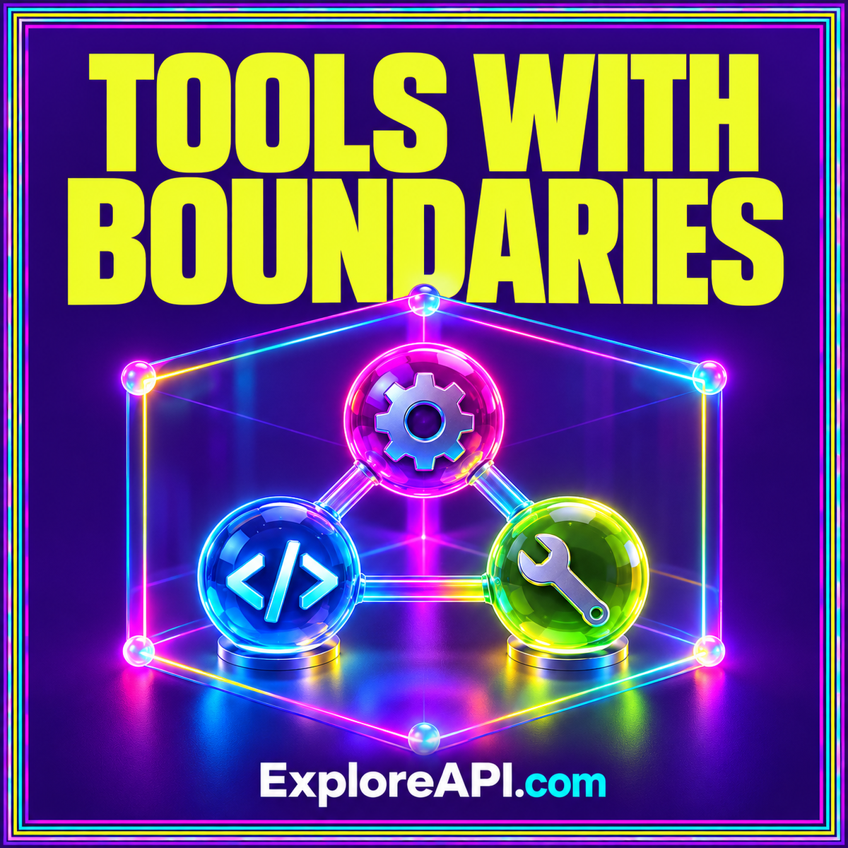 Neon Tools with Boundaries typography card with connected action nodes and an ExploreAPI.com watermark.