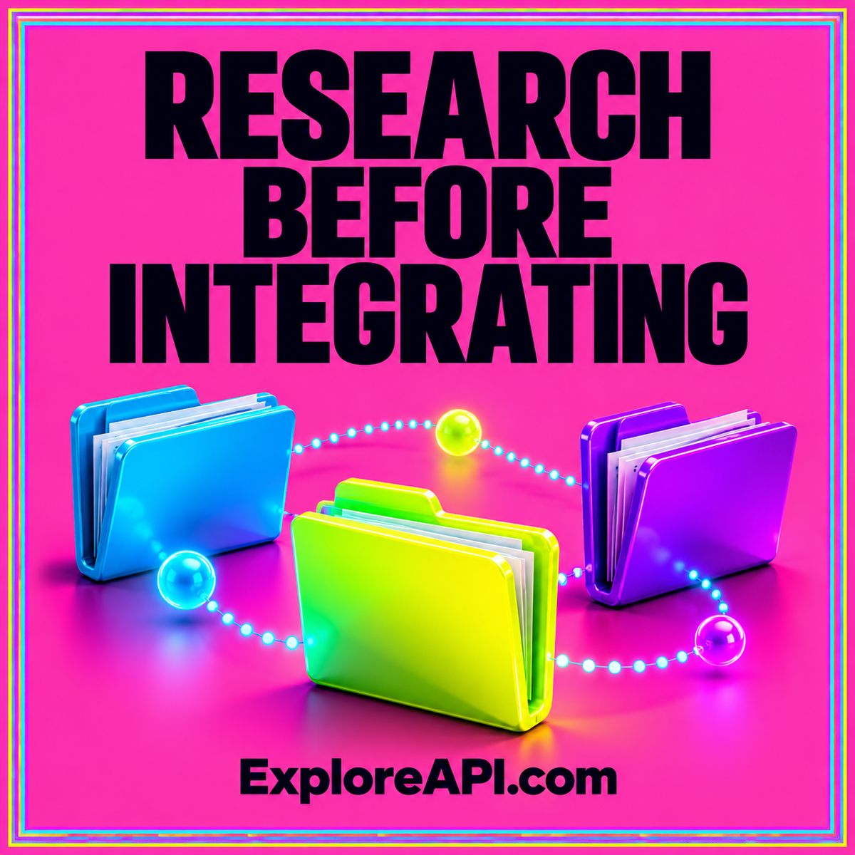Neon typography card reading Research Before Integrating with three abstract research folders and ExploreAPI.com branding.