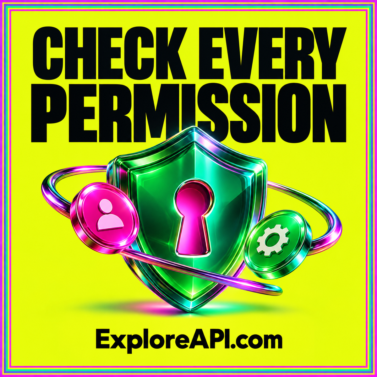 High-contrast neon card reading Check Every Permission with a shield and resource access symbols, branded ExploreAPI.com.