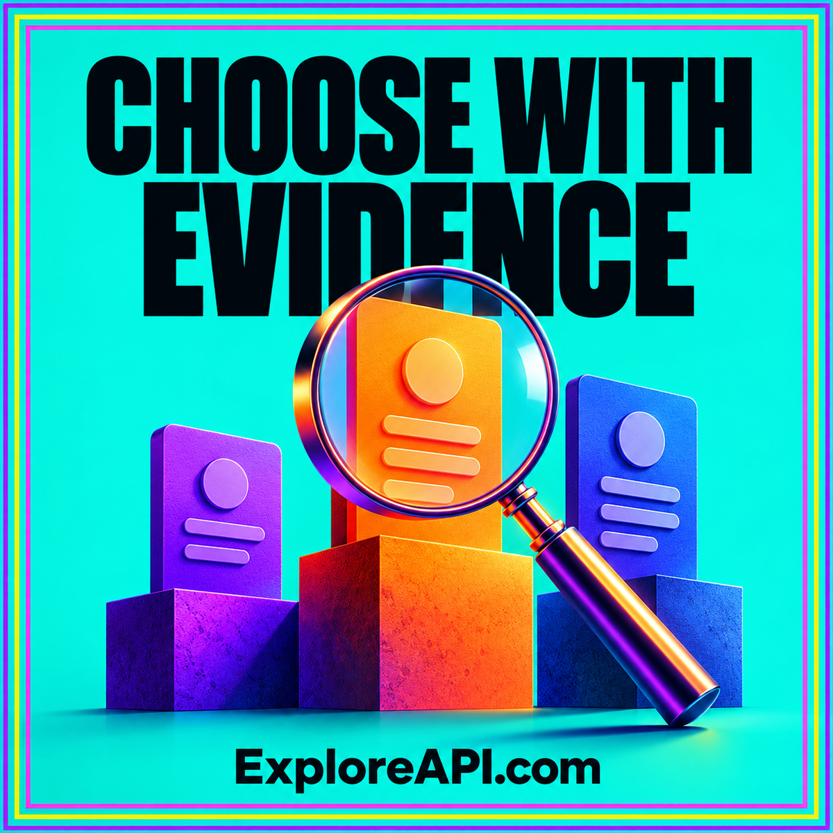 Vivid comparison card reading Choose With Evidence with three abstract API evaluation panels and ExploreAPI.com branding.