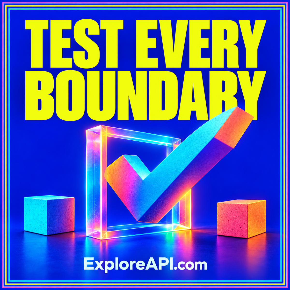 Bright typography card reading Test Every Boundary beside a sequence of API test checks, branded ExploreAPI.com.