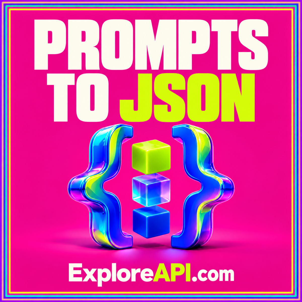 Neon Prompts to JSON typography card with nested data brackets and an ExploreAPI.com label.