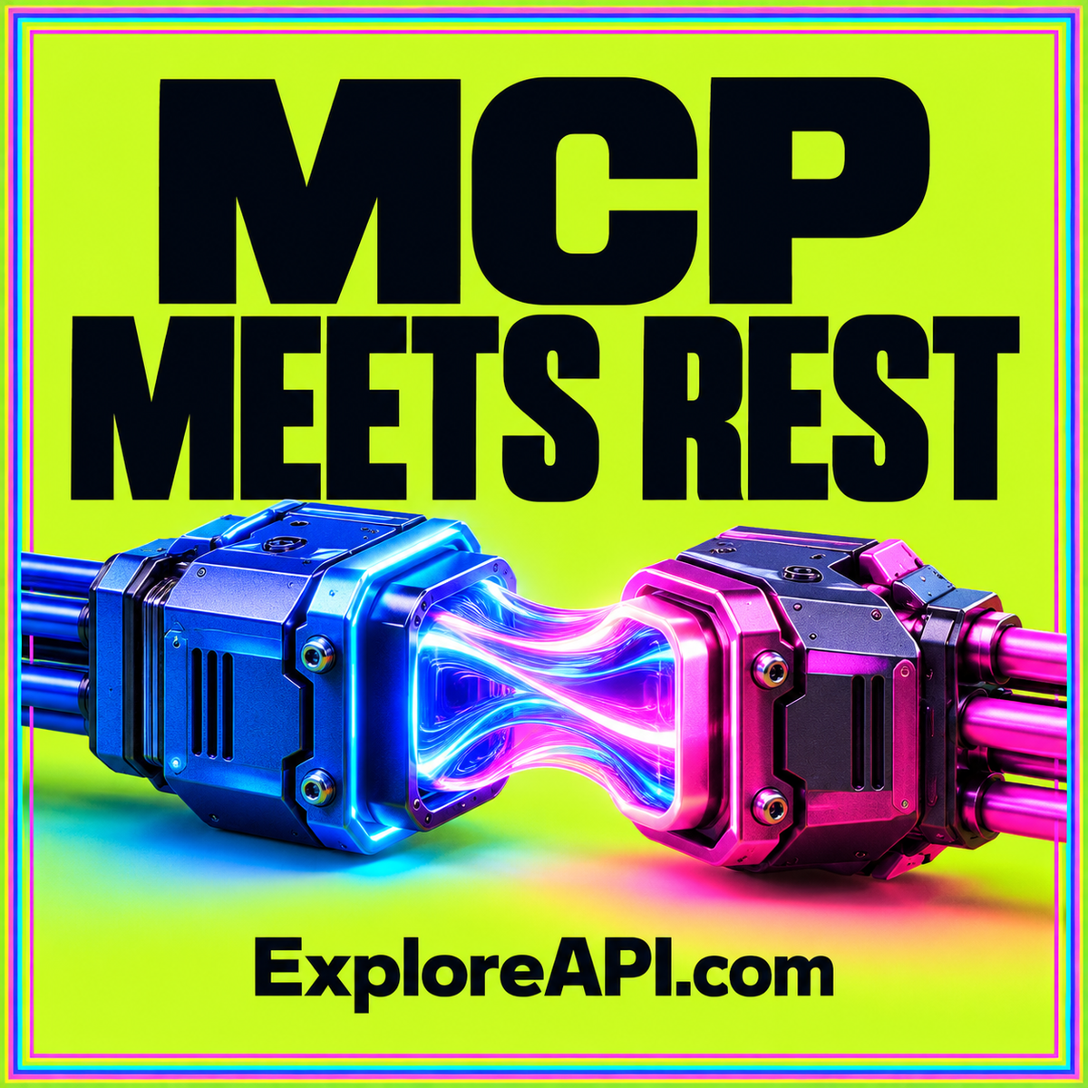 Bright MCP Meets REST typography card showing a host, adapter, and resource connection with ExploreAPI.com branding.