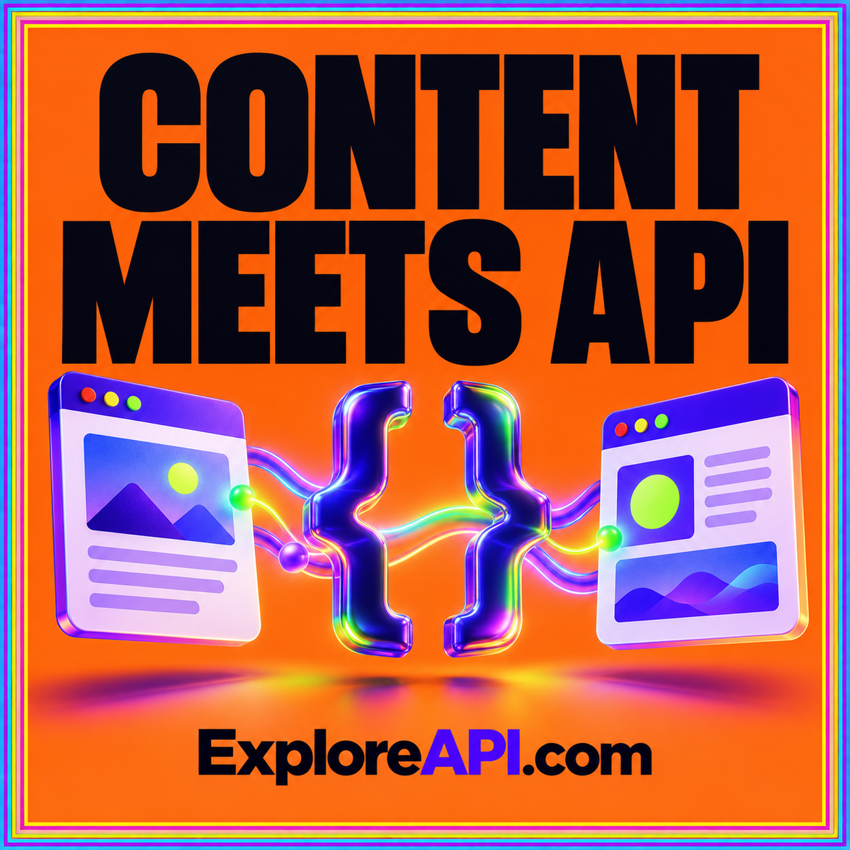 Neon typography card reading Content Meets API with connected content cards and the ExploreAPI.com brand.